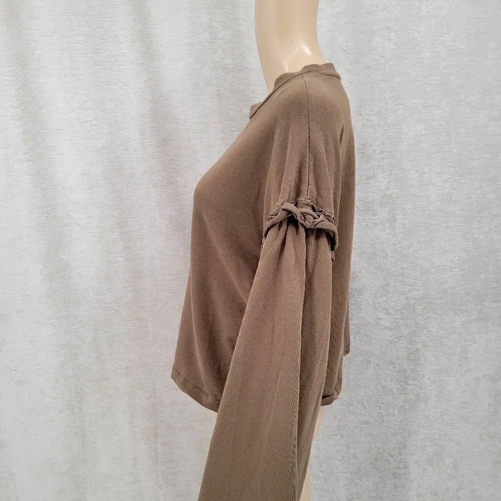Zara Trafaluc Women's Small Brown Crewneck with Rope Tie Side Bell Sleeves
